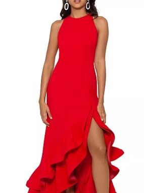 Betsy & Adam Red High-Neck High-Low Ruffle Gown